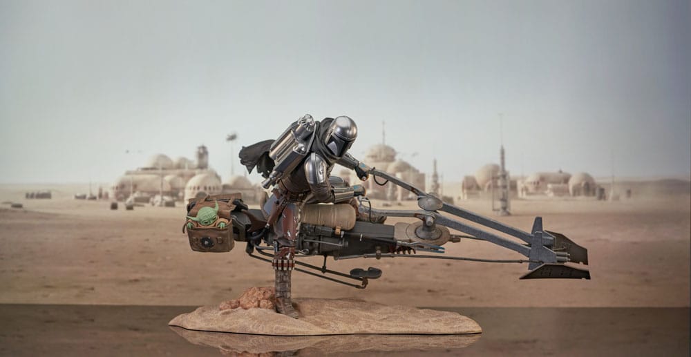 Star Wars: The Mandalorian : Statuette Din djarin et Grogu on speederbike